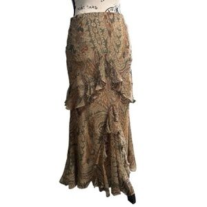 Ralph Lauren Petite Small 100% Silk Paisley Tiered Ruffle Maxi Skirt Earth Tones